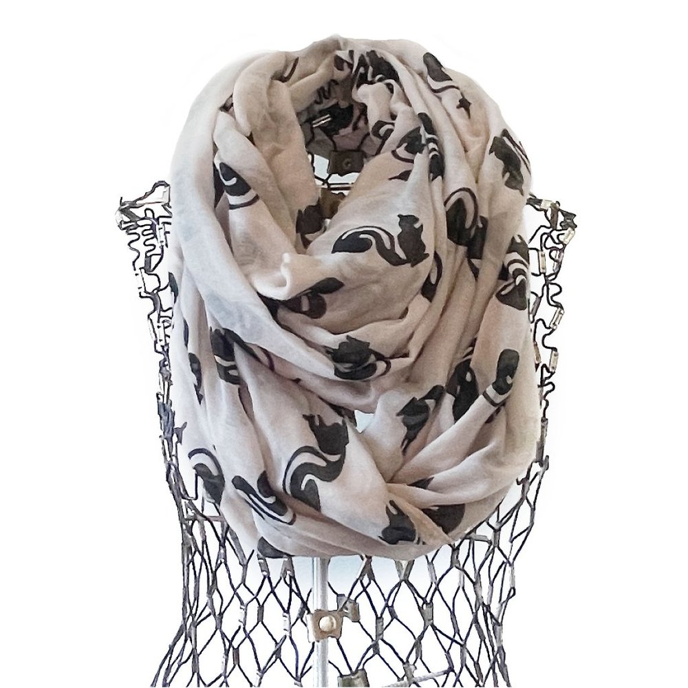 Infinity scarf, beige, black, squirrels, skunks, woodland creatures, lig…